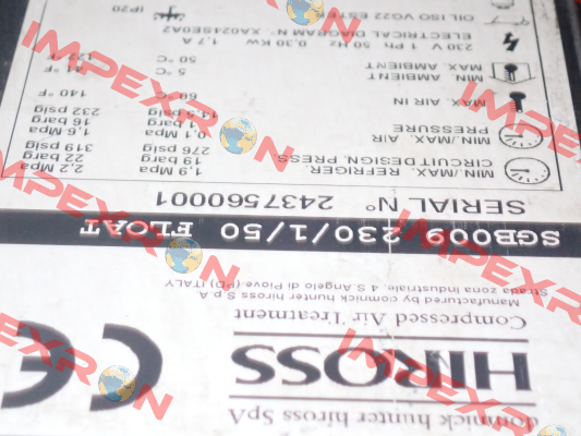 Type : SGB009 230/1/50 FLOAT  S/N: 2437560001 obsolete / SPE009-A2301DF16TIS alternative Hiross